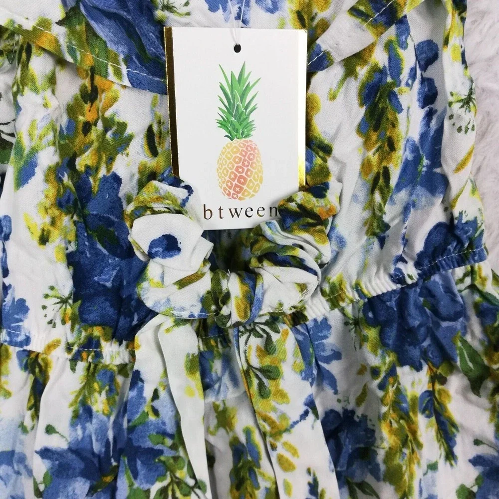 Btween Girls Dress Midi Blue White Floral Cap Sleeve Scrunchie Ruffle 6‎ New